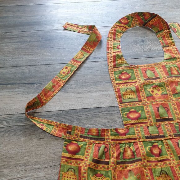 Vintage Handmade Country Kitchen Print Apron Adjustable Ties Teapot 9" Opening - Picture 3 of 9